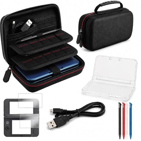 QUBAMG 6-1 Accessories Kit Compatible with New Nintendo 3DS XL/LL, Hard EVA Carrying Case, Clear PC Protective Case, Charger Cable, 4 Replacement Stylus Pens, Screen Protector Set, Cleaning Wipes, Full Protection Bundle in Saudi Arabia