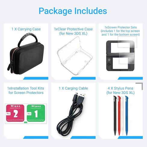 QUBAMG 6-1 Accessories Kit Compatible with New Nintendo 3DS XL/LL, Hard EVA Carrying Case, Clear PC Protective Case, Charger Cable, 4 Replacement Stylus Pens, Screen Protector Set, Cleaning Wipes, Full Protection Bundle in Saudi Arabia