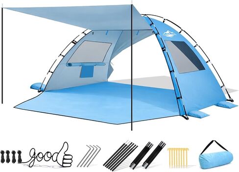 Beach Tent Sun Shelter with Canopy for 3-4 Person UPF50+ | Portable Lightweight Easy Setup Clip Pole Canopy Tent with Sandbags for Family Privacy 360 Airflow for Beach Camping in Saudi Arabia