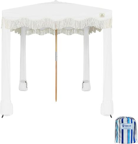 AMMSUN Beach Cabana with Fringe & Wood Pole, 7' x 7' Boho Canopy | Tassels, Easy Set Up, UV50+ Protection, Easy to Carry with Bag, Unique for Special Occasion and Parties, Elegant White in Saudi Arabia