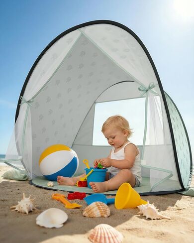 Pop-Up Baby Beach Tent UPF 50+ with Mosquito Net, Rear Vent, Sand Pockets | Bug-Proof Baby-Safe Material Heat-Reflective Coating Wider Canopy Lightweight Portable Double Wind-Secure Water-Resistant in Saudi Arabia