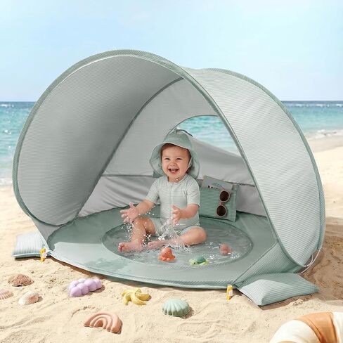 Tiny Land Baby Beach Tent with Pool & UV Protection Pastel Aqua | Large 47" x 31" x 35" Pop-up Baby Tent with 3 Sand Pockets, Easy Folding, and Portable Carry Bag for Beach Trips in Saudi Arabia
