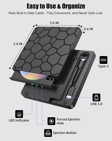 External CD/DVD Drive for Laptop, USB 3.0 & Type-C Portable CD Burner DVD Player, Plug and Play CD Reader Writer for MacBook Pro/Air, Windows 11/10/7, Linux, Ultra Slim Optical Drive in Saudi Arabia