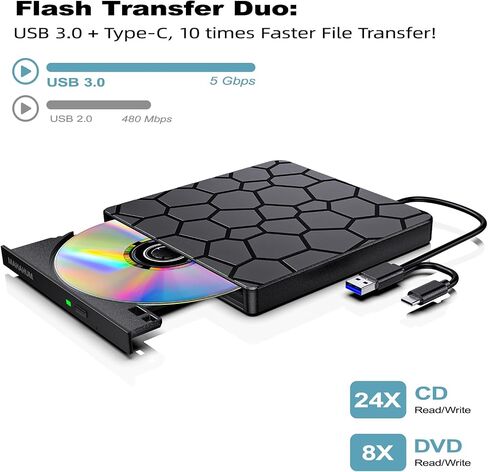 External CD/DVD Drive for Laptop, USB 3.0 & Type-C Portable CD Burner DVD Player, Plug and Play CD Reader Writer for MacBook Pro/Air, Windows 11/10/7, Linux, Ultra Slim Optical Drive in Saudi Arabia
