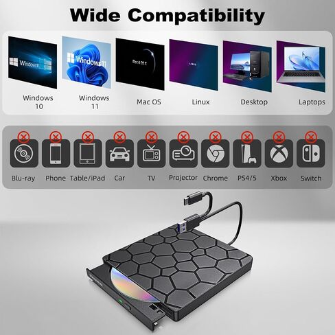 External CD/DVD Drive for Laptop, USB 3.0 & Type-C Portable CD Burner DVD Player, Plug and Play CD Reader Writer for MacBook Pro/Air, Windows 11/10/7, Linux, Ultra Slim Optical Drive in Saudi Arabia