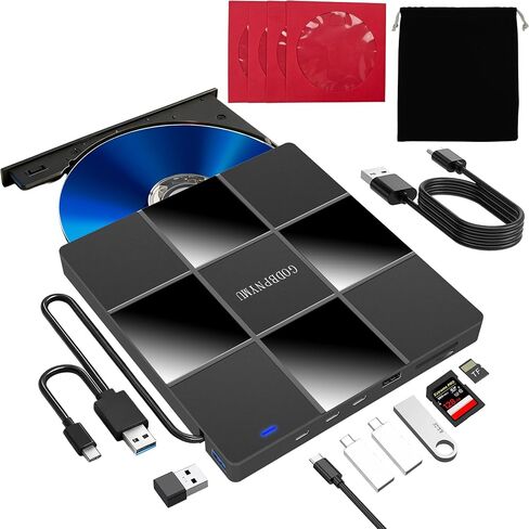 8-in-1 External CD/DVD Drive for Laptop,USB 3.0 CD Reader | 2 USB + USB-C ports · TF/SD slot · Includes 1+4 Storage Bag · Plug & play cd burner ·Compatible with Windows 11-7 & macOS in Kuwait