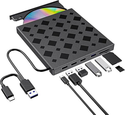 8-in-1 External CD/DVD Drive for Laptop, USB 3.0 Type-C Portable CD Player & DVD Burner Writer, CD/DVD ROM External Disc Drive for PC Mac Windows, with SD/TF Card Reader & USB Hub in Saudi Arabia