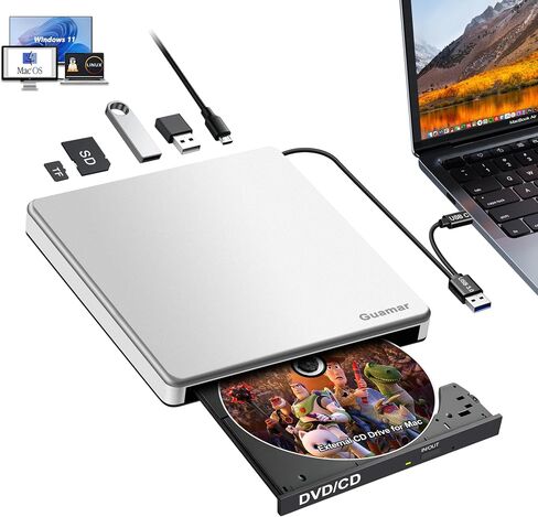 Guamar External CD Drive for Mac: Portable DVD Burner Player for Laptop PC Windows 11 with SD/TF Slot 2 USB Ports - USB-C Superdrive for Apple MacBook Plug & Play (Silver) in Saudi Arabia