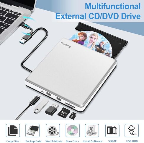 Guamar External CD Drive for Mac: Portable DVD Burner Player for Laptop PC Windows 11 with SD/TF Slot 2 USB Ports - USB-C Superdrive for Apple MacBook Plug & Play (Silver) in Saudi Arabia