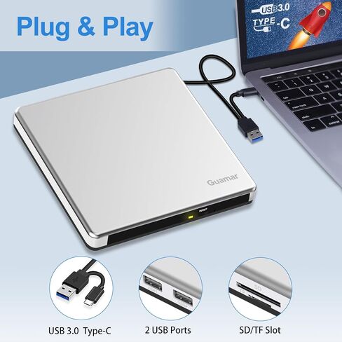 Guamar External CD Drive for Mac: Portable DVD Burner Player for Laptop PC Windows 11 with SD/TF Slot 2 USB Ports - USB-C Superdrive for Apple MacBook Plug & Play (Silver) in Saudi Arabia