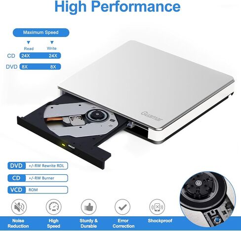 Guamar External CD Drive for Mac: Portable DVD Burner Player for Laptop PC Windows 11 with SD/TF Slot 2 USB Ports - USB-C Superdrive for Apple MacBook Plug & Play (Silver) in Saudi Arabia