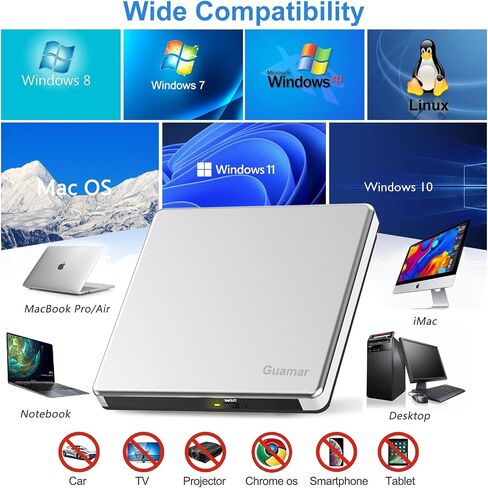 Guamar External CD Drive for Mac: Portable DVD Burner Player for Laptop PC Windows 11 with SD/TF Slot 2 USB Ports - USB-C Superdrive for Apple MacBook Plug & Play (Silver) in Saudi Arabia