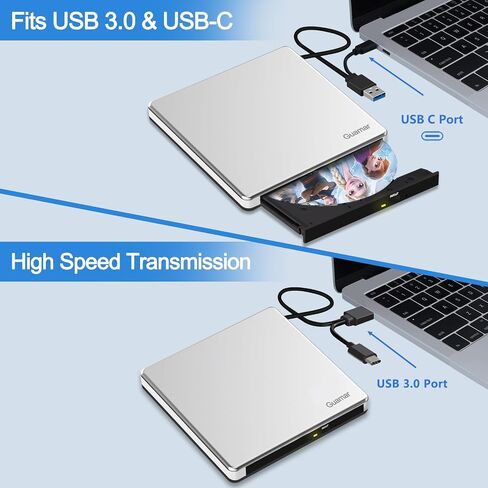 Guamar External CD Drive for Mac: Portable DVD Burner Player for Laptop PC Windows 11 with SD/TF Slot 2 USB Ports - USB-C Superdrive for Apple MacBook Plug & Play (Silver) in Saudi Arabia