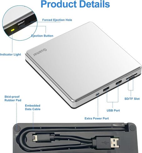 Guamar External CD Drive for Mac: Portable DVD Burner Player for Laptop PC Windows 11 with SD/TF Slot 2 USB Ports - USB-C Superdrive for Apple MacBook Plug & Play (Silver) in Saudi Arabia