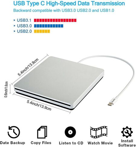 External USB-C SuperDrive DVD CD Drive Portable DVD CD Reader/Burner for Apple-MacBook Air/Pro/iMac/Mini/MacBook Pro/ASUS/DELL/Laptop with USB-C Port Plug and Play (Silver) in Saudi Arabia