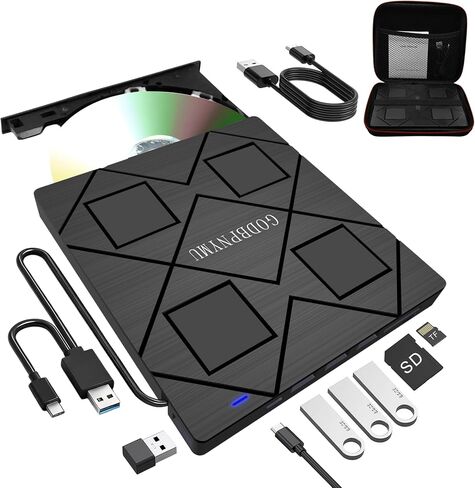 5-in-1 External CD/DVD Drive, USB-C/USB 3.0 CD Burner DVD Player | Compatible with MacBook, iMac, Windows 11/10/8/7 laptops and PCs, Portable disc Reader with Carrying case in Kuwait