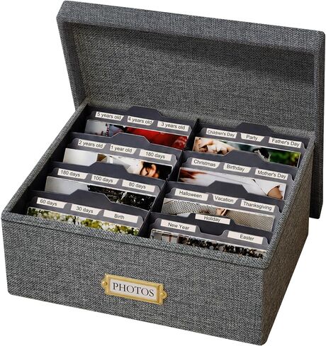 Linen Photo Storage Box, Large Organizer Box, Holds 1700 Picture, Green | with 24 Adjustable Dividers, 144 Labels(72 Blank for DIY) Fabric Picture Box for Photos, Envelopes, Recipes in Saudi Arabia