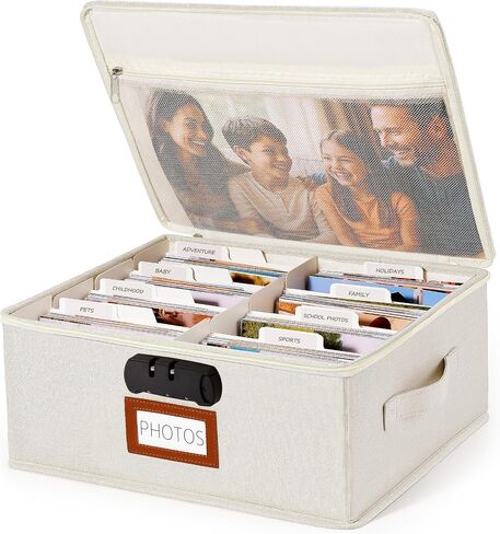 HULISEN Photo Storage Box with Lock, Photo Organizer for 2000+ 4x6 Pictures | Linen Picture Storage Containers with Lids, Mesh Pocket for 8x10 Family Prints, 8 Dividers, Zipper Closure, Dustproof in Saudi Arabia