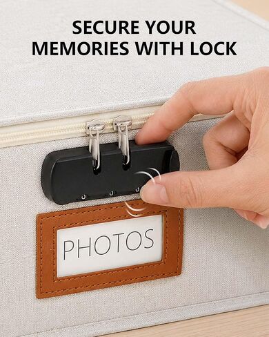 HULISEN Photo Storage Box with Lock, Photo Organizer for 2000+ 4x6 Pictures | Linen Picture Storage Containers with Lids, Mesh Pocket for 8x10 Family Prints, 8 Dividers, Zipper Closure, Dustproof in Saudi Arabia