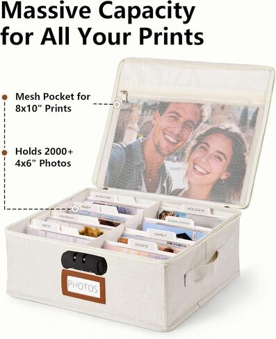 HULISEN Photo Storage Box with Lock, Photo Organizer for 2000+ 4x6 Pictures | Linen Picture Storage Containers with Lids, Mesh Pocket for 8x10 Family Prints, 8 Dividers, Zipper Closure, Dustproof in Saudi Arabia