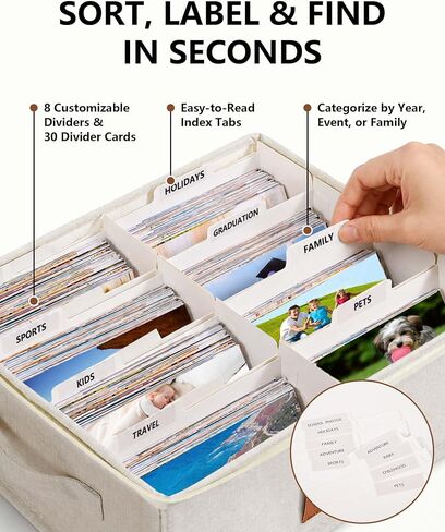 HULISEN Photo Storage Box with Lock, Photo Organizer for 2000+ 4x6 Pictures | Linen Picture Storage Containers with Lids, Mesh Pocket for 8x10 Family Prints, 8 Dividers, Zipper Closure, Dustproof in Saudi Arabia