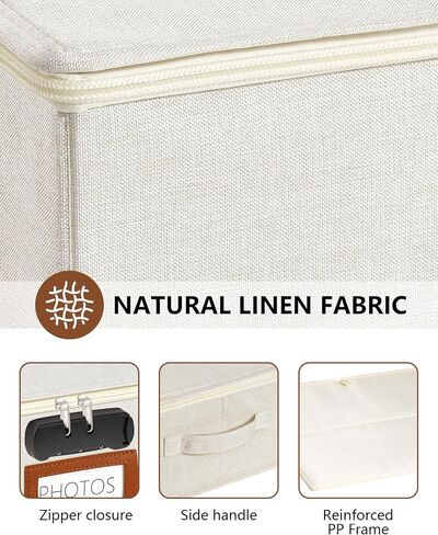 HULISEN Photo Storage Box with Lock, Photo Organizer for 2000+ 4x6 Pictures | Linen Picture Storage Containers with Lids, Mesh Pocket for 8x10 Family Prints, 8 Dividers, Zipper Closure, Dustproof in Saudi Arabia