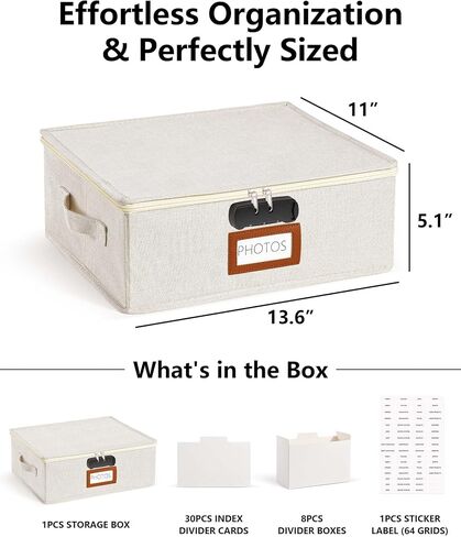 HULISEN Photo Storage Box with Lock, Photo Organizer for 2000+ 4x6 Pictures | Linen Picture Storage Containers with Lids, Mesh Pocket for 8x10 Family Prints, 8 Dividers, Zipper Closure, Dustproof in Saudi Arabia