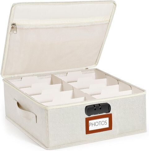 HULISEN Photo Storage Box with Lock, Photo Organizer for 2000+ 4x6 Pictures | Linen Picture Storage Containers with Lids, Mesh Pocket for 8x10 Family Prints, 8 Dividers, Zipper Closure, Dustproof in Saudi Arabia