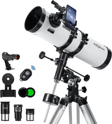 130EQ Reflector Telescope, 130mm Aperture, EQ Mount | 650mm focal length, manual equatorial mount, phone adapter, 2x Barlow lens, Moon filter, wireless remote in Saudi Arabia