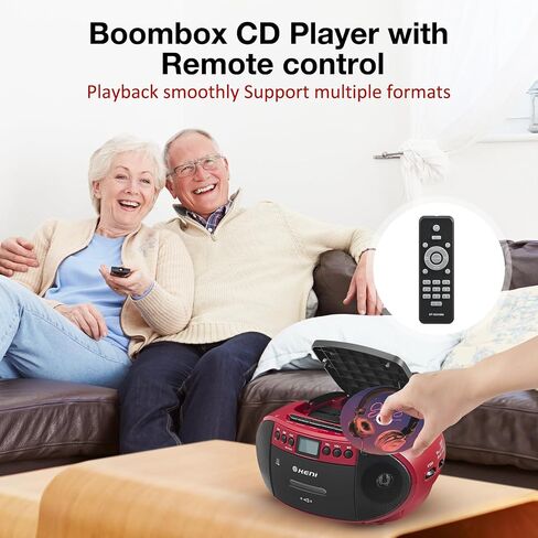 CD Cassette Player Combo, Portable CD Boombox with AM/FM Radio | Bluetooth Speaker, Cassette Recorder, USB Playback, Remote Control, Headphone Jack, AC/Battery Powered, Black/Red in Saudi Arabia
