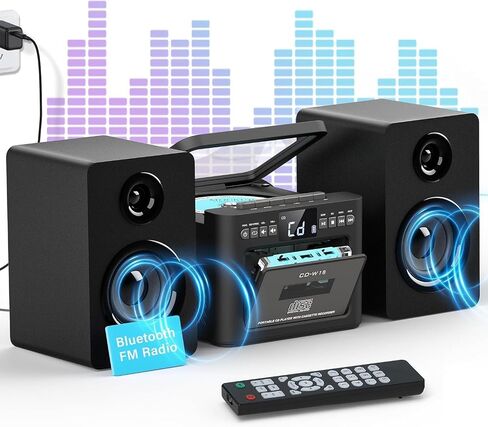 Greadio Stereo System for Home with Boombox CD and Cassette Player Combo | 40W Detachable Wooden Bookshelf Speakers, Bluetooth, FM Radio, USB, TF, AUX Playback, Home Stereo System with Remote Control in Saudi Arabia