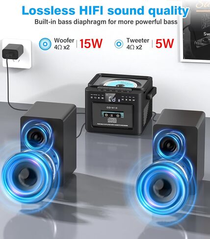Greadio Stereo System for Home with Boombox CD and Cassette Player Combo | 40W Detachable Wooden Bookshelf Speakers, Bluetooth, FM Radio, USB, TF, AUX Playback, Home Stereo System with Remote Control in Saudi Arabia