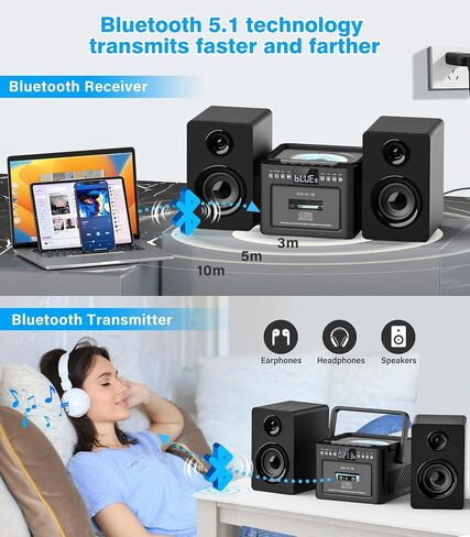 Greadio Stereo System for Home with Boombox CD and Cassette Player Combo | 40W Detachable Wooden Bookshelf Speakers, Bluetooth, FM Radio, USB, TF, AUX Playback, Home Stereo System with Remote Control in Saudi Arabia