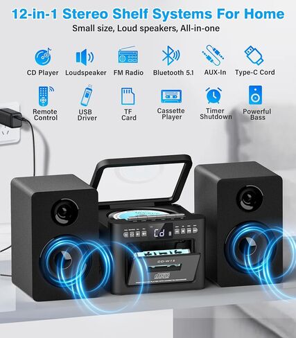 Greadio Stereo System for Home with Boombox CD and Cassette Player Combo | 40W Detachable Wooden Bookshelf Speakers, Bluetooth, FM Radio, USB, TF, AUX Playback, Home Stereo System with Remote Control in Saudi Arabia