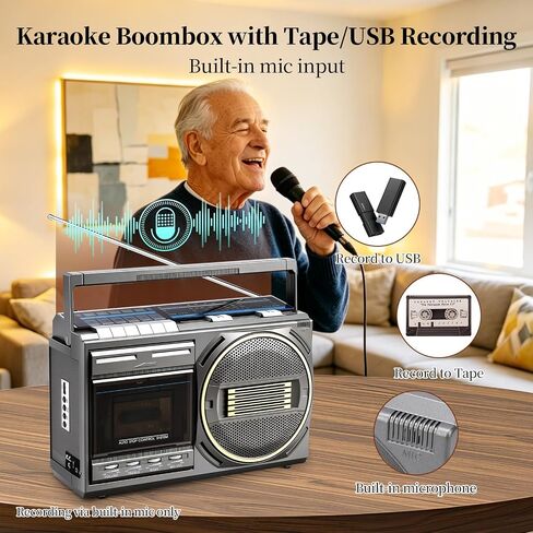 مشغل شريط كاسيت بلوتوث Boombox، مشغل كاسيت قديم مع راديو AM/FM/SW، كاسيت إلى محول MP3، مشغل شريط مع مقابض ثلاثية/باس، ميكروفون كاريوكي، هدية للعائلة والأصدقاء وكبار السن in Kuwait