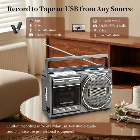مشغل شريط كاسيت بلوتوث Boombox، مشغل كاسيت قديم مع راديو AM/FM/SW، كاسيت إلى محول MP3، مشغل شريط مع مقابض ثلاثية/باس، ميكروفون كاريوكي، هدية للعائلة والأصدقاء وكبار السن in Kuwait
