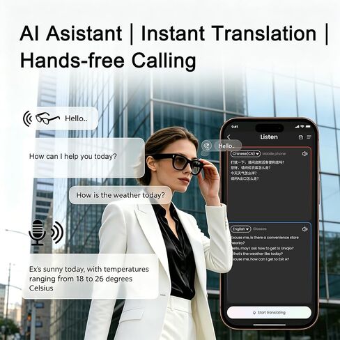AI Smart Glasses for Men Women, Bluetooth Audio Glasses (No Camera) | Real-Time Translation, AI Assistant, Meeting Transcription, Open-Ear Music, Hands-Free Calling, Flashlight, Photochromic Lens in Saudi Arabia