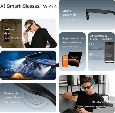 AI Smart Glasses for Men Women, Bluetooth Audio Glasses (No Camera) | Real-Time Translation, AI Assistant, Meeting Transcription, Open-Ear Music, Hands-Free Calling, Flashlight, Photochromic Lens in Saudi Arabia