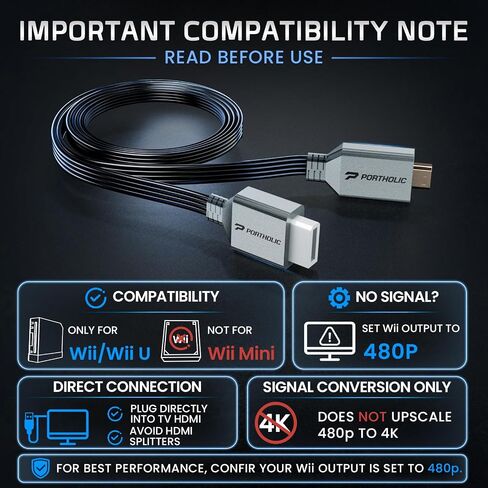 PORTHOLIC Wii to HDMI Adapter Converter 1080P 5ft/150cm,Wii HDMI Cable for Full HD Device,Plug & Play Wii 2 HDMI Cord, Compatible with Nintendo Wii/Wii U, HDTV, Monitor-Supports All Wii Display Mode in Saudi Arabia