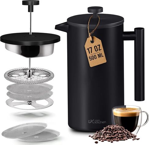 Utopia Kitchen 304 Grade Stainless Steel French Press 34 Oz, Silver | Double Wall Insulated Coffee Press with 4-Level Filtration System, Include 2 Extra Filters, Rust-Free, Dishwasher Safe in Saudi Arabia