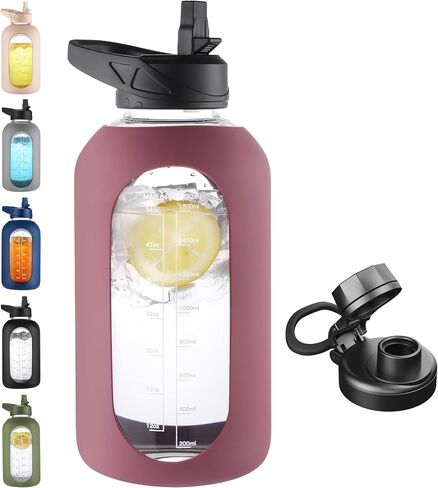 CIVAGO 32 oz Glass Water Bottle with Straw, Large Motivational Water Jug | Time Marker, 2 Leakproof Lids, Wide Mouth, Water Flask Cup with Handle and Silicone Sleeve, for Gym, Sports, Juices, Sage in Kuwait