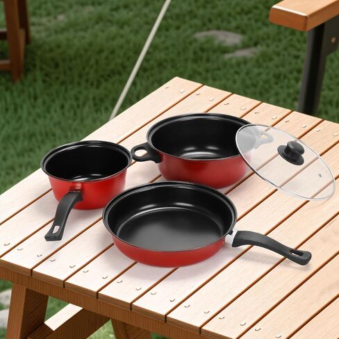 Non-Stick Cookware Set 4Pcs Pots and Pans Set for Outdoor Picnic Travel | Portable Lightweight Cast Iron,easy to store for outdoor camping picnic,match daily outdoor travel cooking needs in Saudi Arabia