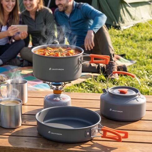 18-Piece Large Capacity Camping Cookware Set Aluminum Mess Kit | 2.8L main cooking pot 1.6L hot-water kettle 1.3L frying pan Uncoated aluminum surface Nested carry storage in Saudi Arabia