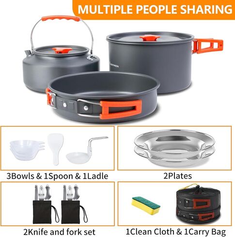 18-Piece Large Capacity Camping Cookware Set Aluminum Mess Kit | 2.8L main cooking pot 1.6L hot-water kettle 1.3L frying pan Uncoated aluminum surface Nested carry storage in Saudi Arabia