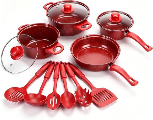 13 Piece Set Non-Stick Cookware Set, Portable Lightweight Cast Iron Pots and Pans with Glass Lids and Nylon Utensils for Outdoor Camping Picnic Travel Cookware in Saudi Arabia