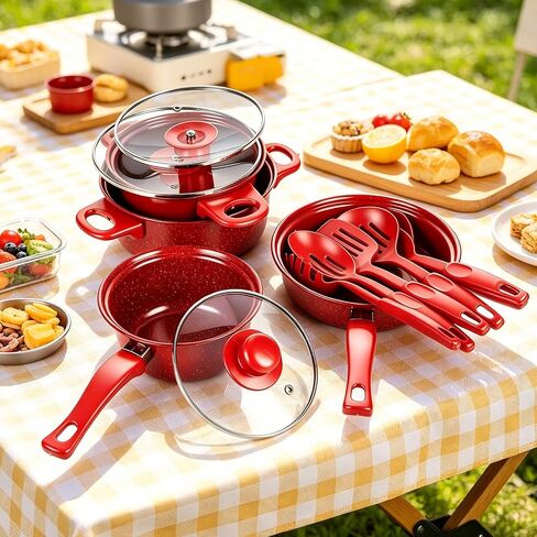 13 Piece Set Non-Stick Cookware Set, Portable Lightweight Cast Iron Pots and Pans with Glass Lids and Nylon Utensils for Outdoor Camping Picnic Travel Cookware in Saudi Arabia