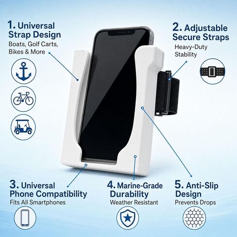 White Boat Phone Holder, Marine Cell Phone Mount for Boating – Made for Boa Pole Shaped Strap On Design with iPhone and Smartphone in Saudi Arabia