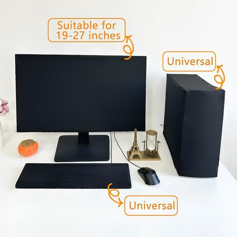 3-Piece Computer Dust Cover Set - Waterproof & Dustproof with Elastic Fabric, Pure Black Minimalist Design, Includes mainframe Case, Keyboard & 19-27 Inch Monitor Covers , Universal Fit in Saudi Arabia