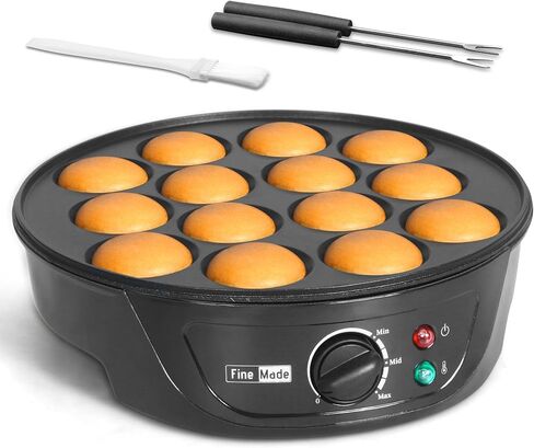 FineMade Non Stick Mini Pancakes Maker Machine, Electric Poffertjes Pan with Browning Control, Small Ebelskiver Aebleskiver Pan, Dutch Mini Pancake Maker, with Brush & Forks, 14 Slots, Black in Saudi Arabia
