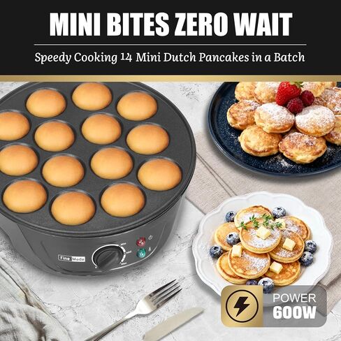 FineMade Non Stick Mini Pancakes Maker Machine, Electric Poffertjes Pan with Browning Control, Small Ebelskiver Aebleskiver Pan, Dutch Mini Pancake Maker, with Brush & Forks, 14 Slots, Black in Saudi Arabia